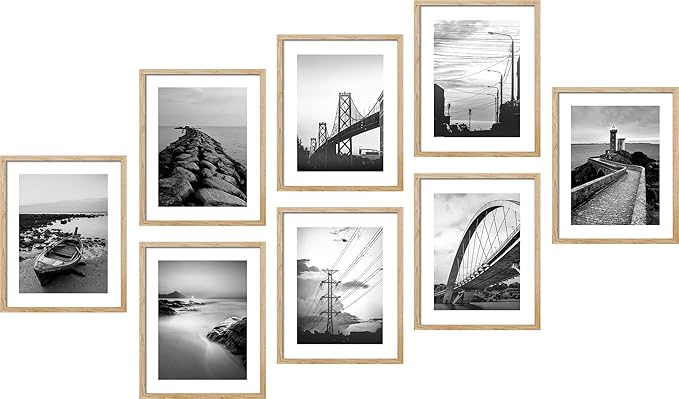 SIGNWIN Framed Poster Wall Art Set of Black & White Ocean Beach Seascape Nature Wilderness for Living Room, Bedroom, Office - 8"x10"x 8 Natural