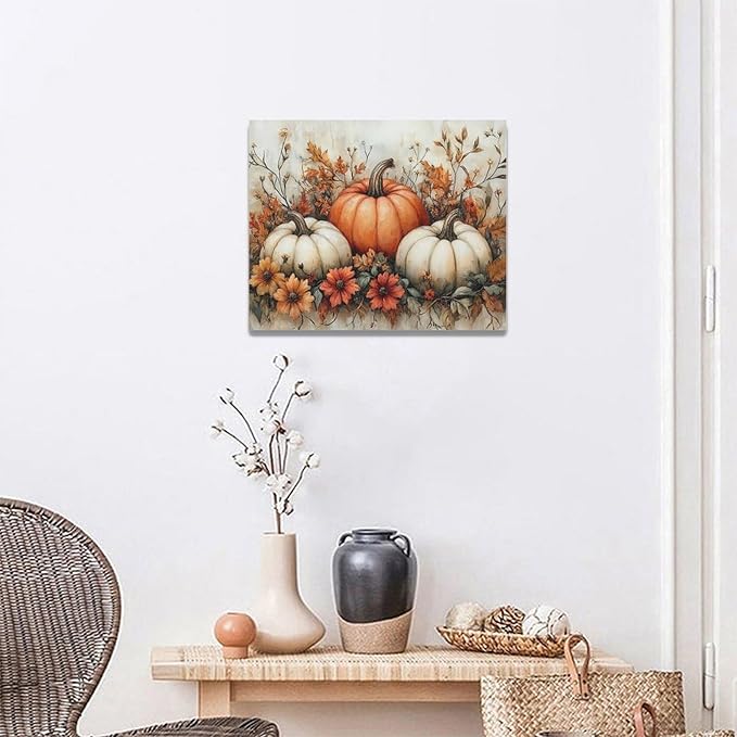 Fall Pumpkin Wall Art Autumn Leaf Pictures Wall Decor Maple Leaves Canvas Painting Modern Artwork Home Decoration for Living Room Bathroom Bedroom Office Framed 20"x16"