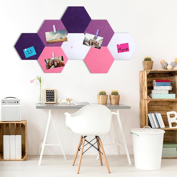 8 Pcs 12" Large Hexagon Felt Cork Bulletin Board Tiles Self Adhesive DIY Pin Board with 50 Push Pins and 10 Colored Clips, Wall Decor for Office Home Kitchen Photos Memos(Pink)