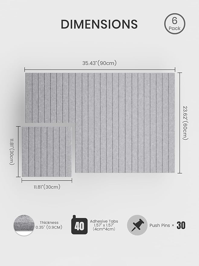 Bumusty Large Cork Board Alternative-36 x 24" Felt Bulletin Board Tiles, with 30 Pushpins, 40 Adhesive Tabs, 6-Pack Slat Wall Paneling, Cork Boards for Office Push Pin Board Felt Board-Soft Gray