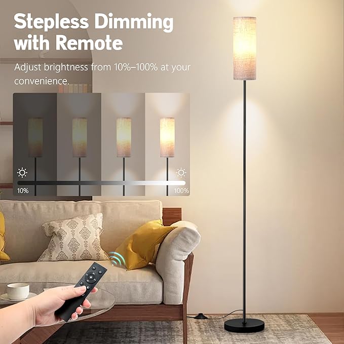 68" Modern Floor Lamp with 3 Color Temperatures, Foot Switch, Linen Shade & Black Metal Pole – Tall Standing Lamp for Living Room, Bedroom, or Office – LED Bulb Included, Easy Assembly (Beige)