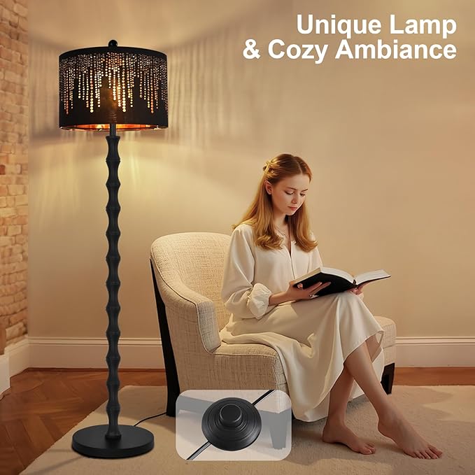 Vintage Floor Lamp for Living Room Bedroom,Farmhouse Rustic Floor Lamps,Modern Standing Tall Lamp with Black Unique Lampshade,Gothic Mid Century Iron Floor Lamp for Office Corner Decor