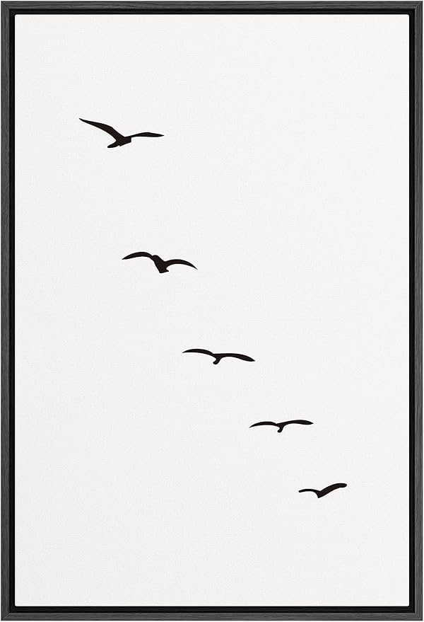 SIGNFORD Framed Canvas Print Wall Art Minimalist Composition of Flock of Birds Abstract Wilderness Digital Art Modern Art Rustic Scenic for Living Room, Bedroom, Office - 16"x24" Black