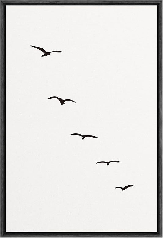 SIGNFORD Framed Canvas Print Wall Art Minimalist Composition of Flock of Birds Abstract Wilderness Digital Art Modern Art Rustic Scenic for Living Room, Bedroom, Office - 16"x24" Black