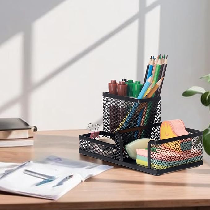 Comix Mesh Pen Pencil Holder Desk Organizer, 3 Compartment Wire Desktop Pen Pencil Cup Caddy Office Supplies Accessories for Home Office School, Black(6 Pack)