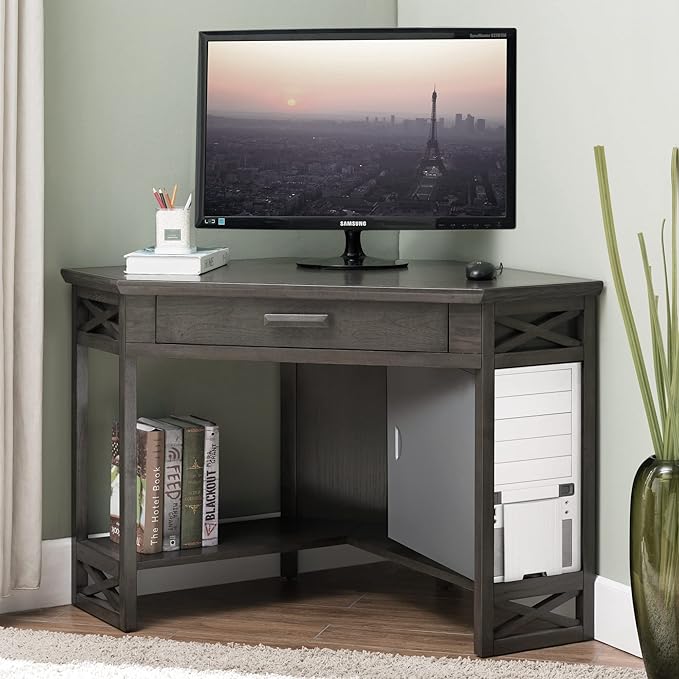 Leick Home 84430 Oak Corner Computer/Writing Desk with Drawer, Smoke Gray