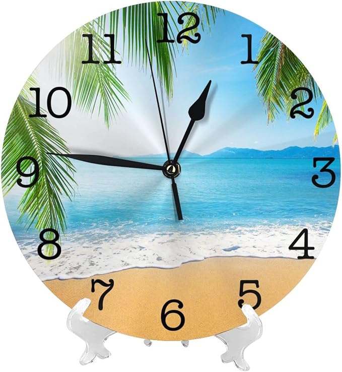 Sea Beach with Palm Trees Wall Clock Battery Operated Silent Round Clock Wall Decor for Home Office School, 9.8 Inch