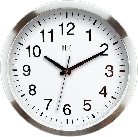 HITO 14" Silent Wall Clock Battery Operated Non Ticking Sweep Movement Glass Cover Silver Aluminum Frame, for Kitchen, Bedroom, Home Office, Living Room Decor