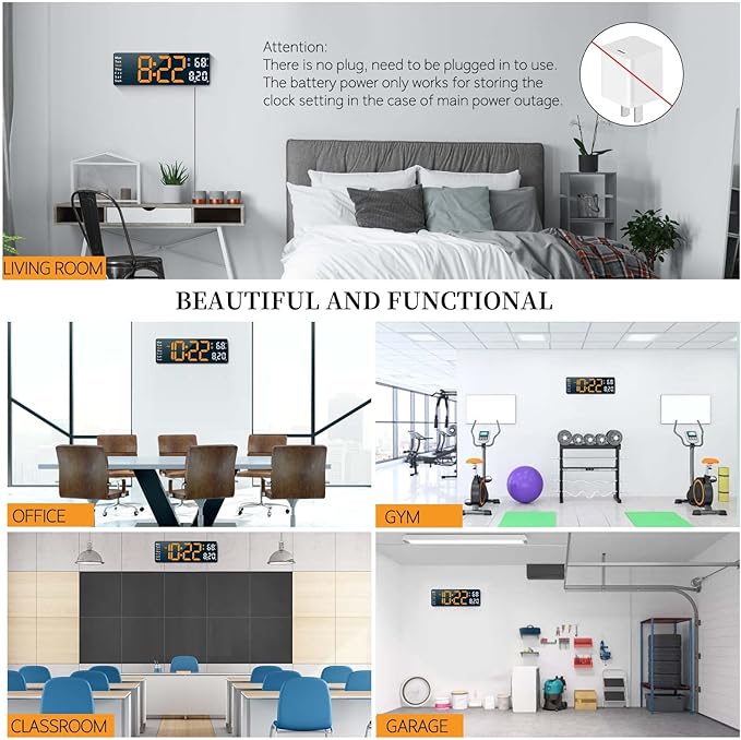 Digital Clock, Digital Wall Clock for Living Room Decor, Desk Alarm Clock for Bedroom, Large Wall Clock with Remote Control, Automatic Brightness Dimmer LED Clock with Date Temperature Week (Orange-W)