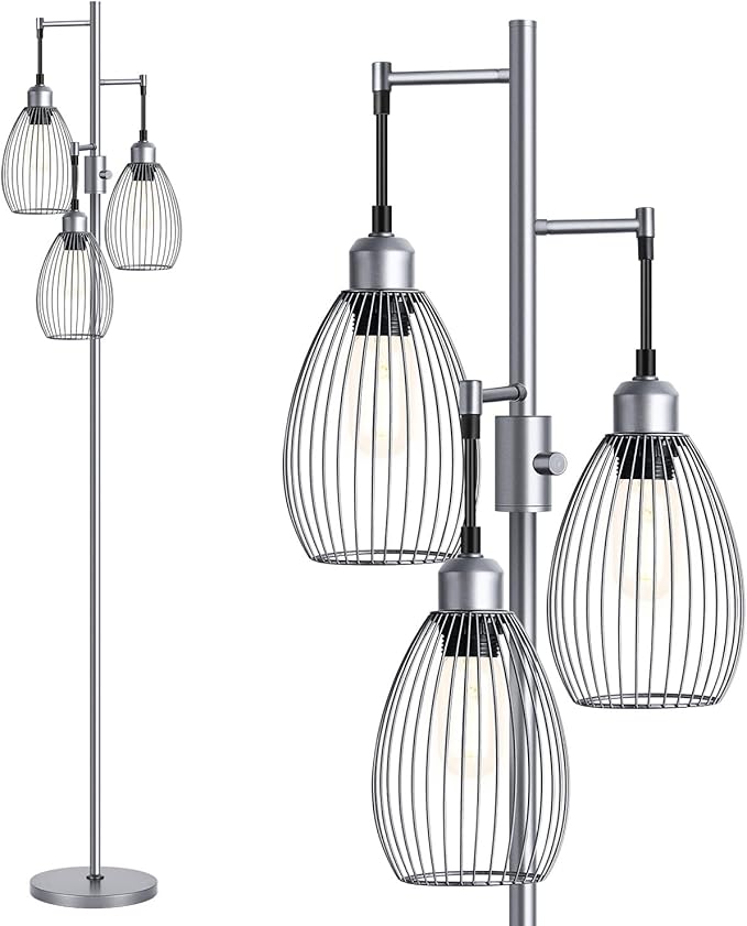 Nintiue Dimmable Floor Lamp, 3 x 800LM LED Edison Bulbs Included, Industrial Floor Lamp Standing Tree Lamp with Elegant Teardrop Cage Heads Tall Lamps for Living Room Bedroom-Grey