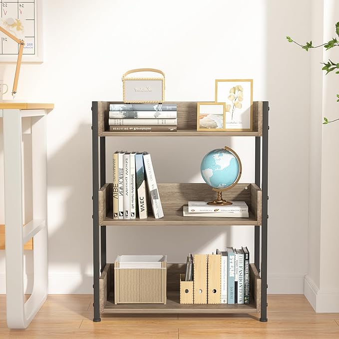 VECELO Bookshelf,Small Bookcase,3-Tier Storage Organizer,Industrial Shelving Unit for Home Office,Living Room,Dormitory,30" H,Brown