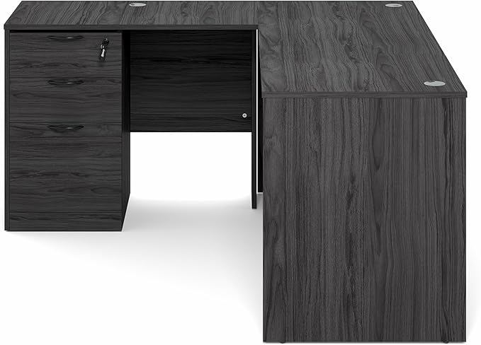 Furinno Roger 60 Inch L-Shaped Executive Desk with File Cabinet, L-Shaped Office Desk with 3-Drawer Fixed Pedestal Filing Cabinet, Desk Cord Grommet, for Home Office, Coastal Grey