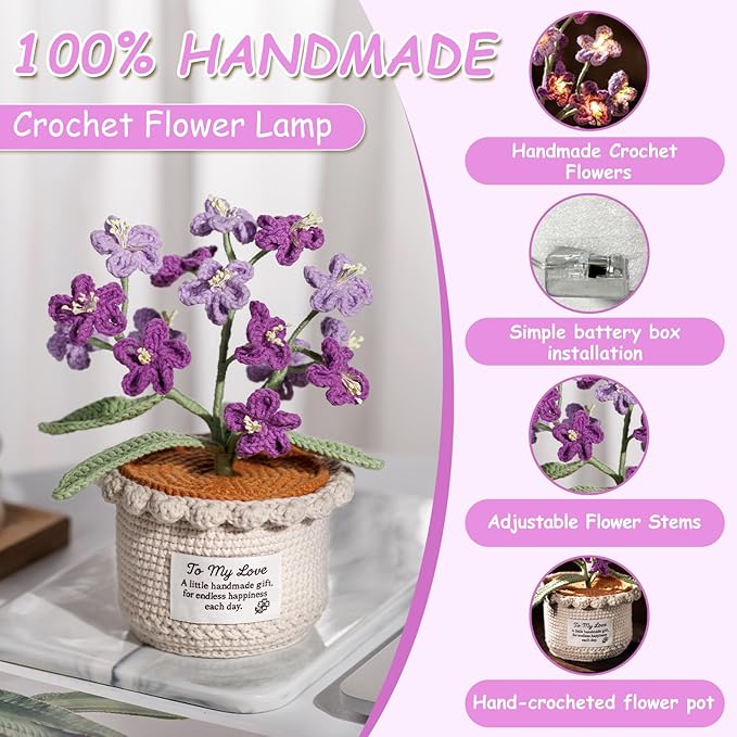Forget Me Not Flower Lamp - Purple Crochet Artificial Flowers with Night Light, Cordless Table Lamp, Cozy Home Decor Crochet Gifts
