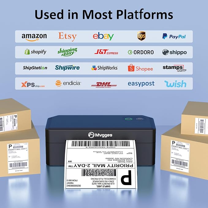 Mvgges Shipping Label Printer,Bluetooth 4x6 Thermal Label Printer for Small Business Office or Home, Compatible with Android, iOS, Windows and Mac, Widely Used for Amazon,USPS,Etsy