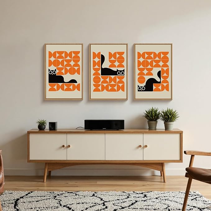 HOURIA Geometric Black Cat Framed Canvas Wall Art Set,Abstract Orange & Cream Wall Decor,Round Eyes Playful Kitten Wall Painting,Modern Animal Prints for Nursery,Living Room,Office - 16"x24"x3