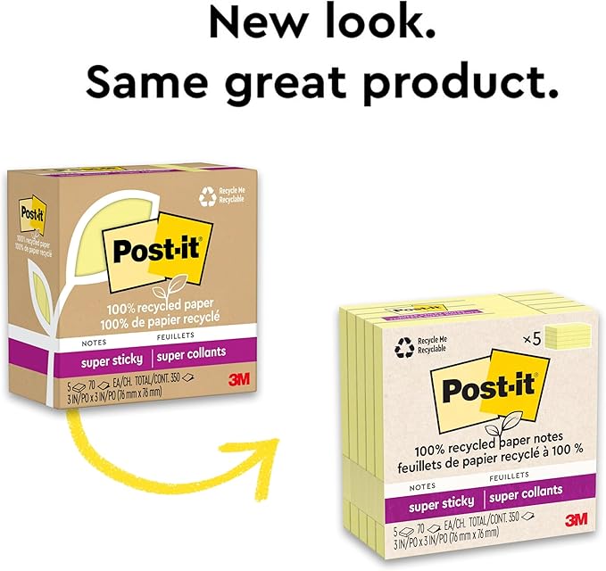Post-it 100% Recycled Paper Super Sticky Notes, Canary Yellow, 3 in. x 3 in., 5 Sticky Note Pads, 70 Sheets per Pad, School Supplies and Office Products