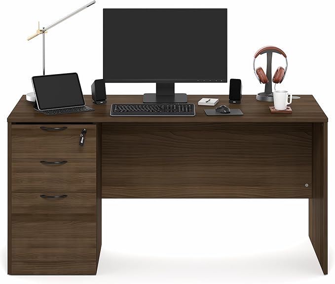 Furinno Roger 60 Inch Executive Desk with File Cabinet, Home Office Desk with 3-Drawer Fixed Pedestal Filing Cabinet, Desk Cord Grommet, for Home Office, Modern Walnut