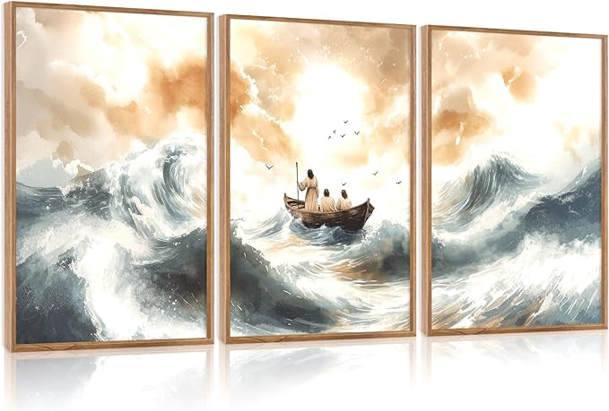 CHDITB Matthew 8:23-34 Jesus Calms The Storm Framed Canvas Wall Art(16"x24"), 3 Panels Watercolor Christian Bible Story Artwork Prints, Large Religious Faith LDS Decor for Home Office Bedroom