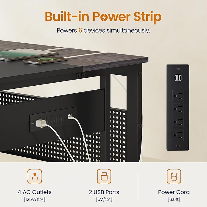 71 in Executive Desk with Power Outlets, Reversible L Shaped Computer Desk with File Drawers & Storage Shelves, Large Office Desk with Pegboard, Mobile CPU Stand, Modern Corner Desk (Grey)