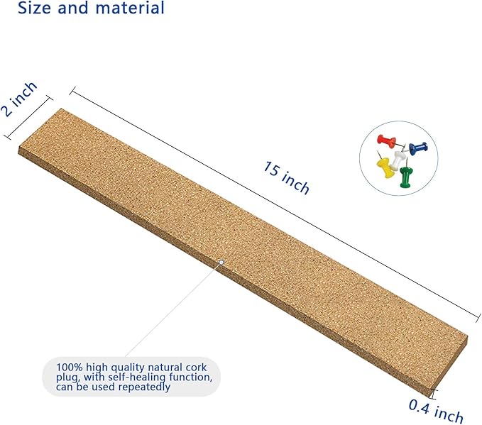 Cork Bulletin Board,5 Pcs Rectangular Frameless Multipurpose Cork Batten Strips for Office, School,Home Memo or Decoration, 2x15 inches,with 35 Pushpins Cork Board Strips for Walls Self Adhesive