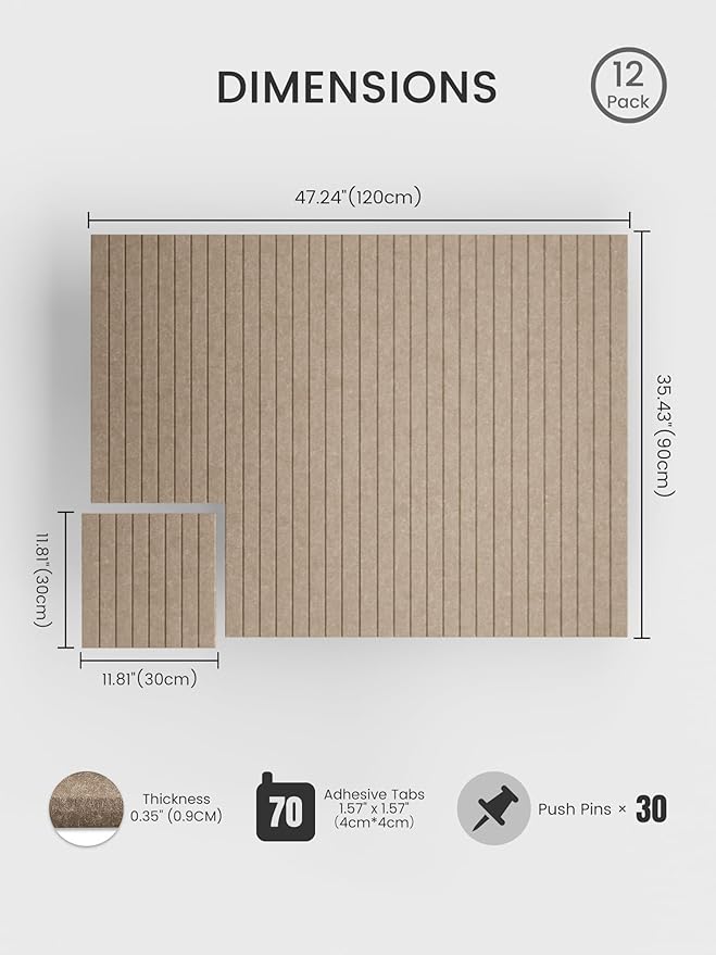 Bumusty Large Cork Board Alternative-48 x 36" Felt Bulletin Board Tiles, with 30 Pushpins, 70 Adhesive Tabs, 12-Pack Slat Wall Paneling, Cork Boards for Office Push Pin Board Felt Board-Taupe