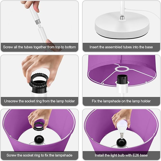 Floor Lamp, Standing Lamp, Modern Stand Up Lamps with Purple Lampshade, 59" Tall, Foot Switch, Simple Living Room Decor for Kids Room, Girls Room, Den, Office - White(NO Bulb,E26 Base)