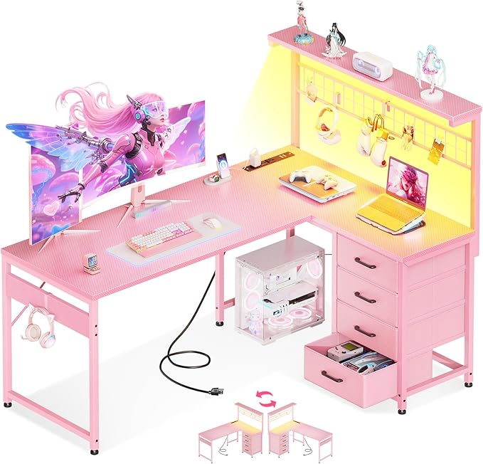 MOTPK 51” Large L Shaped Gaming Desk, Corner Computer Table with Shelf & Hutch, 4 Drawers, Reversible Study Desk with LED Light, Power Outlets & USB Ports, Home Office Table, Carbon Fiber Pink