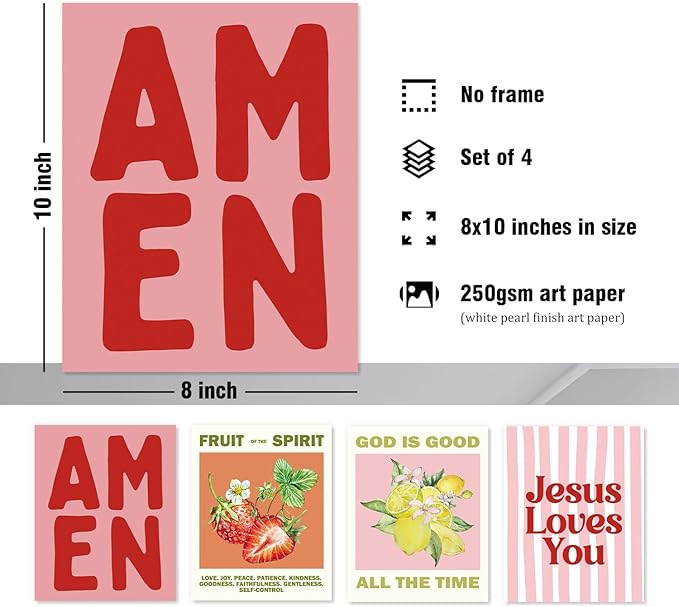DSHFG Christian Fruits Spirit Bible Verse Wall Art Decor, jesus Loves You Christian Wall Decor for Home Kitchen Bathroom Ofice,Bible Verse Posters Prints Set of 4, 8x10 Unframed