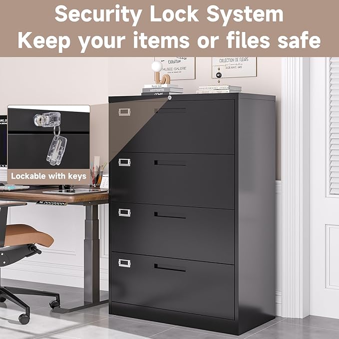 4 Drawer Lateral File Cabinet with Lock, Metal Filing Cabinets for Home Office, Wide Locking File Caninets, Black Office Storage Cabnet for Hanging Letter/Legal / A4 / F4 - Assembly Required