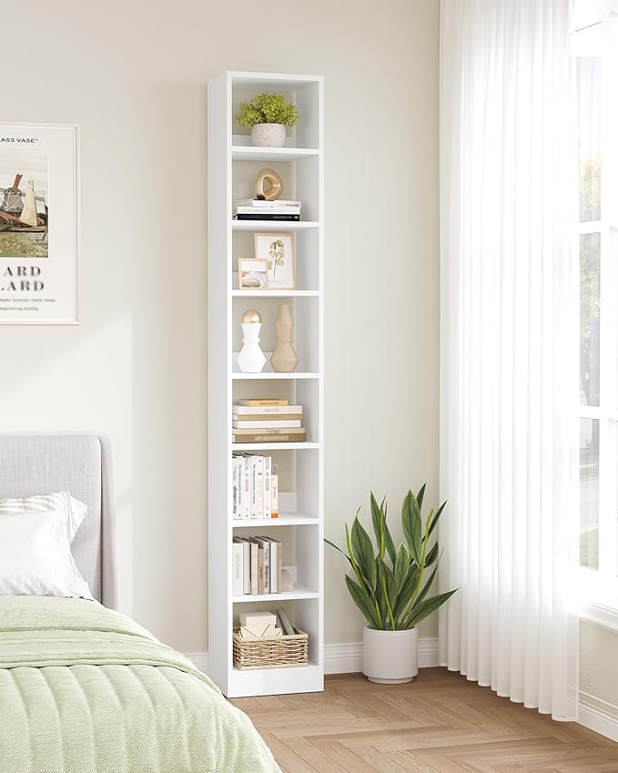 Bookcase, Tall Narrow Bookshelf, Open Display Storage Shelf, Skinny Cube Book Shelf with Adjustable Shelves, CD Rack for Living Room, Home Office 8-Tier(9.4 x 11.8 x 72 inch) White BC89603X