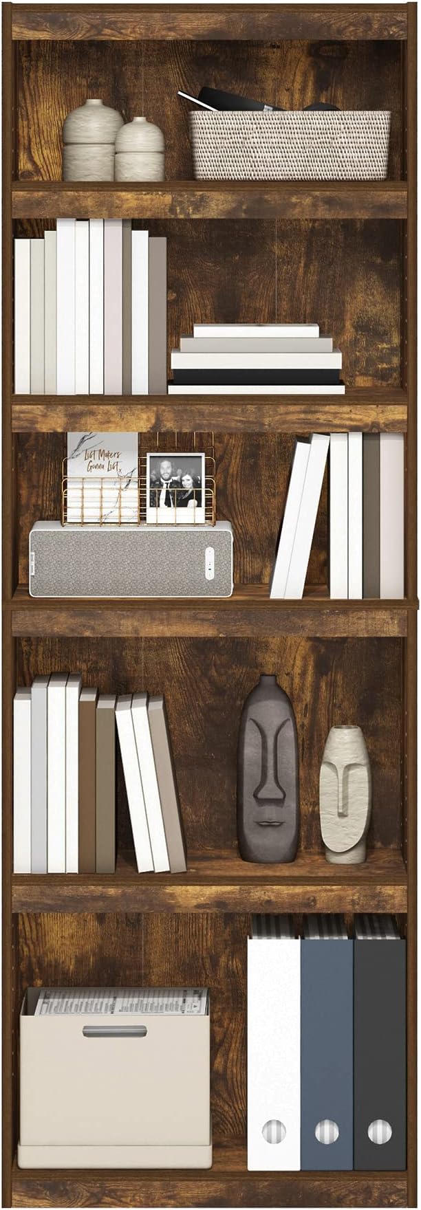 Furinno Jaya Book Shelf, 5-Tier Bookshelf, Bookcase, with Adjustable Shelves, 9.5" x 24.5" x 71.1", for Organization and Storage, for Home Office, Living Room, Amber Oak