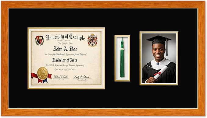 CountryArtHouse Diploma Tassel and Photo Shadowbox Fits 10 x 8 Professional License with Tassel Hook and 5 x Honey Oak Genuine Hardwood with Black Over Metallic Gold Double mat