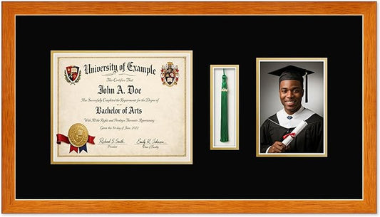 CountryArtHouse Diploma Tassel and Photo Shadowbox Fits 10 x 8 Professional License with Tassel Hook and 5 x Honey Oak Genuine Hardwood with Black Over Metallic Gold Double mat