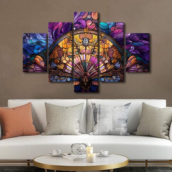 Abstract Canvas Wall Art for Home Modern Stained Glass Style Poster Decor Swirls Flowers Canvas Art 5 Panel Wall Art for Lady Bedroom Wall Decoration Stretched and Framed Ready to Hang 60x40 in