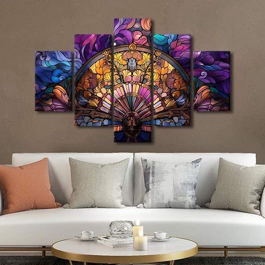 Abstract Canvas Wall Art for Home Modern Stained Glass Style Poster Decor Swirls Flowers Canvas Art 5 Panel Wall Art for Lady Bedroom Wall Decoration Stretched and Framed Ready to Hang 60x40 in