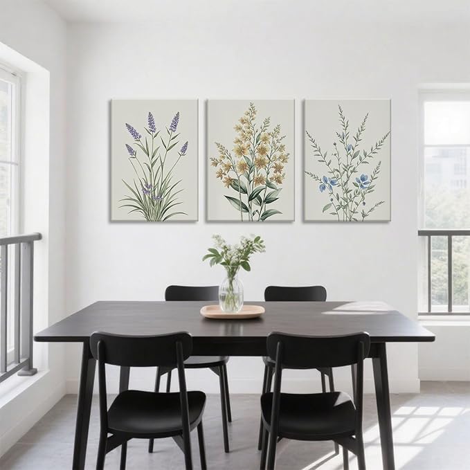 TUEASKY 3 Piece Canvas Wall Art Wildflower Wall Decor Botanical Pictures Floral Paintings Watercolor Prints Minimalist Artwork for Bedroom Bathroom Living Room