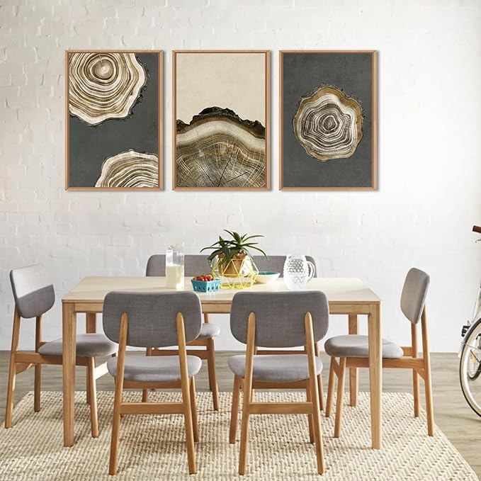 Ausril Tree Ring Framed Canvas Wall Art Set of 3- Brown and Gray Abstract Wood Tree Ring Print, 16"×24" Modern Wall Decor for Living Room, Bedroom, Office - Vintage Minimalist Gray Wood Painting