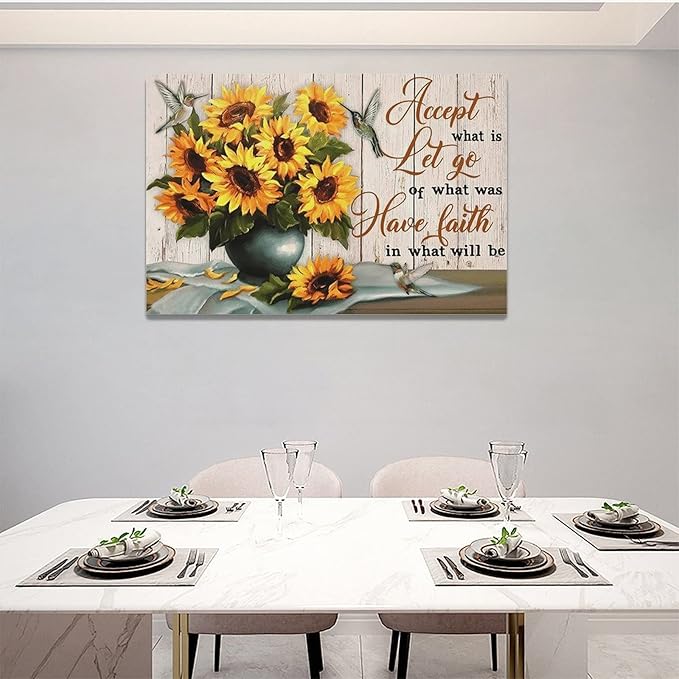 yerretin Farmhouse Sunflower Wall Art Sunflower Pictures Wall Decor Rustic Canvas Painting Modern Artwork Home Decorations for Bathroom Dining Room Kitchen Bedroom Office Framed 24"x16"