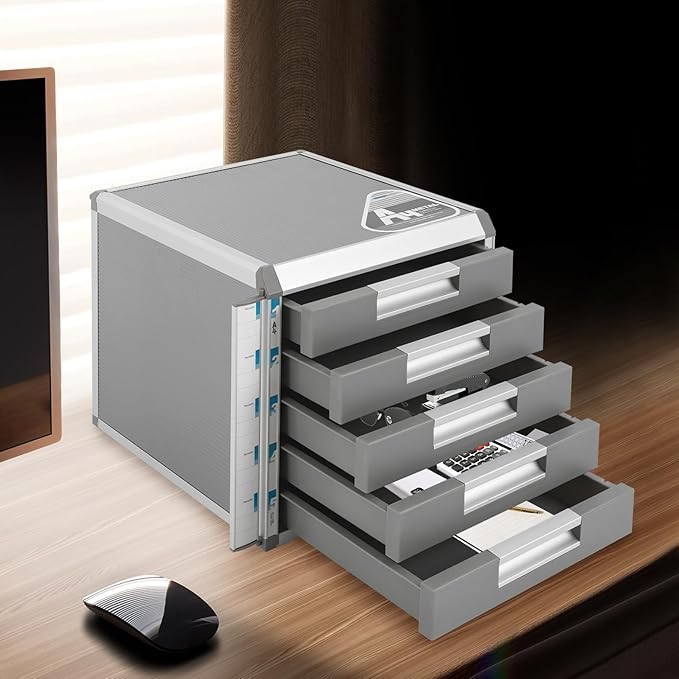 File Cabinet, Desk Organizer with 7 Drawers Metal Desktop Storage Cabinet File Holder with Locks and Keys for Home Office Organization (5 Layers-5 Small Floors)
