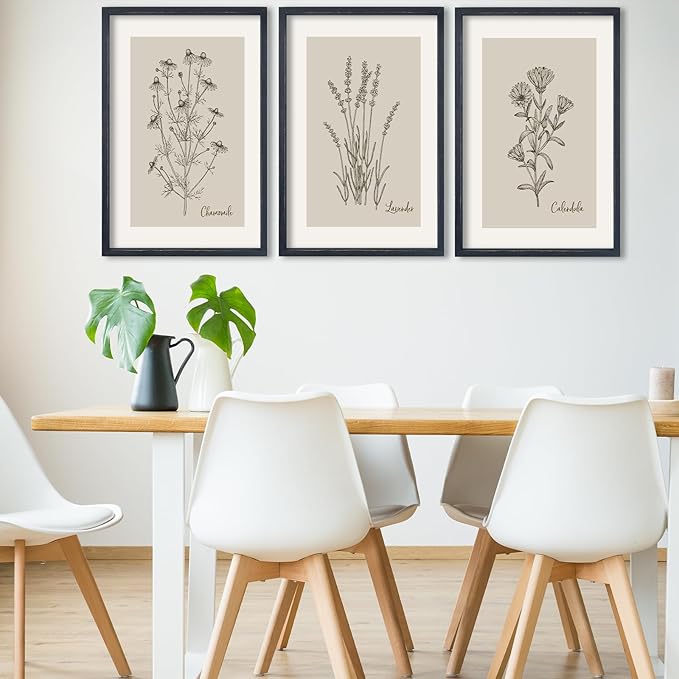 TQianJiang Set Of 3 Framed Vintage Botanical Prints Wall Art 16"×11" Wildflower Pictures Wall Decor for Bedroom Bathroom Living Room Minimalist Line Drawing Neutral Tones Wall Hanging (Black)