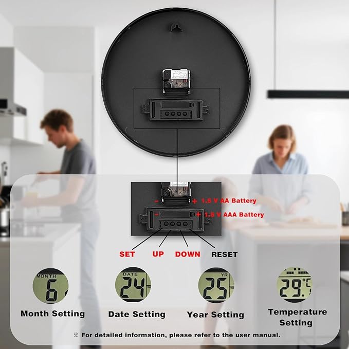 AKCISOT Wall Clock 12 Inch, Non-Ticking Silent Battery Operated Analog with LCD Display for Perpetual Calendar and Temperature, Ideal Modern Decor for Home, Bedroom, Kitchen, Office (Blue)