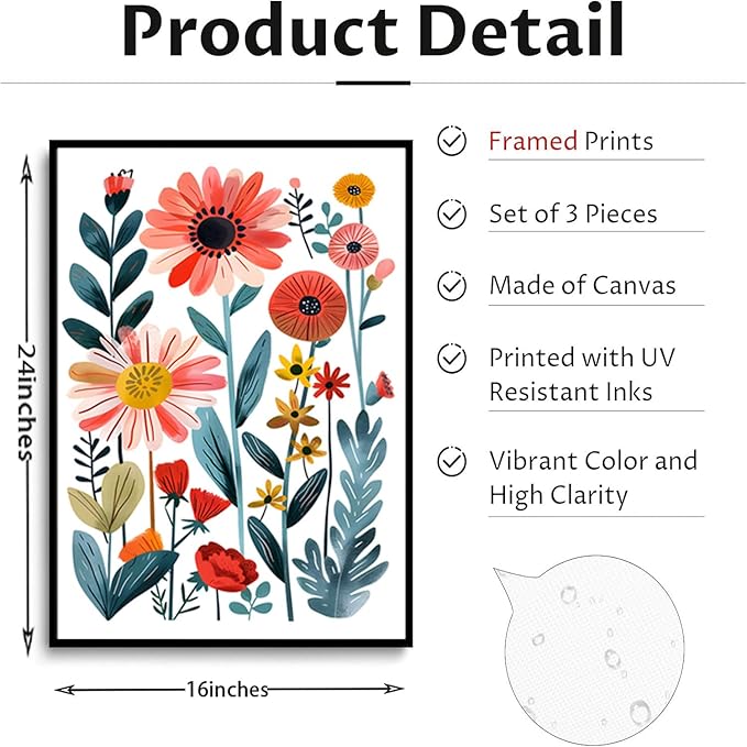 KISSFOX Framed Colorful Wildflower Canvas Wall Art Set Of 3 Flowers Pictures Prints Flowers Printing Floral Watercolors Flower wall Decor Living Room Girls Bedroom Bathroom