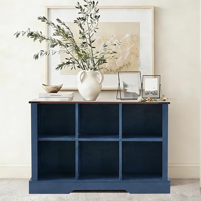 6 Cube Storage Organizer, 2 Tier Book Shelf with Led Lights, Farmhouse Book Shelves for Living Room, Horizontal Toy Storage Bookshelf, Wood Display Bookcase Cabinet for Bedroom, Office, Blue