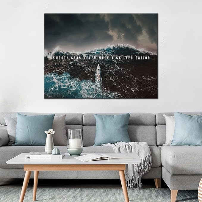 Motivational Canvas Poster Inspiration Smooth Sea Pictures Motivational Quotes Modern Motivation Painting Wall Art Prints Artwork for Home Classroom Office Decor Stretch the Framed [40''Wx 30''H]