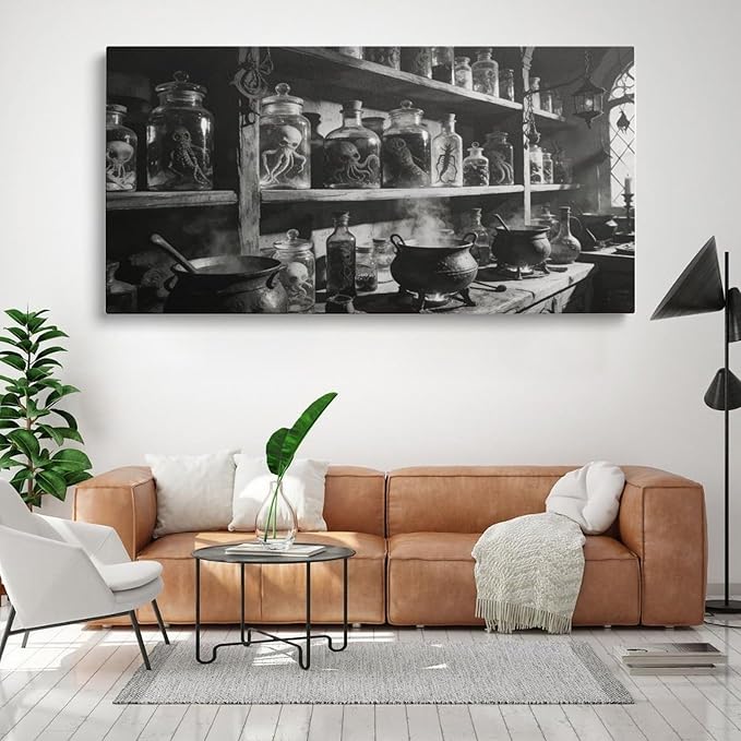 Vintage Apothecary Framed Canvas Wall Art for Office, Black White Moody Wall Decor 32" L x 16" W