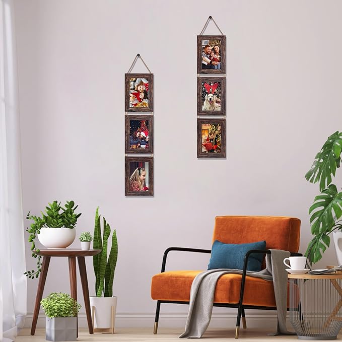 Lavezee Wall Hanging 4x6 Picture Frames Set of 2, Vertical Collage Distressed Brown Triple Frame Made to Display 4 by 6 inch Photo for Wall Decor