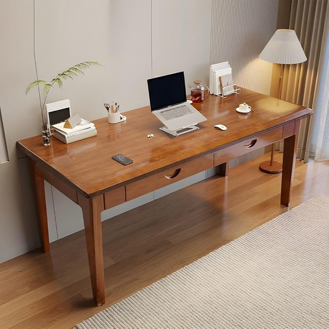 RUNNUP Modern Wood Writing Desk with 2 Drawers 55" Home Office Desk Simple Study Desk for Small Spaces, Without Chairs Nut-Brown
