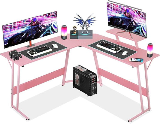 L Shaped Gaming Desk, 50 Inch Corner Desk, Office Computer Desk with Large Monitor Stand for Home Office Sturdy Writing Workstation, Easy to Assemble, Pink