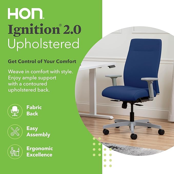 HON Ignition 2.0 Fabric Office Chair, Upholstered, Adjustable Arms, Standard Synchro-Tilt Recline Executive Ergonomic Office Chair, Titanium Frame, Indigo