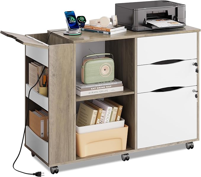 DEVAISE File Cabinet with Lock, 3 Drawer Rolling Mobile Lateral Filing Cabinets with Charging Station Printer Stand with Open Storage Shelves Fits A4 or Letter Size for Home Office Gray White
